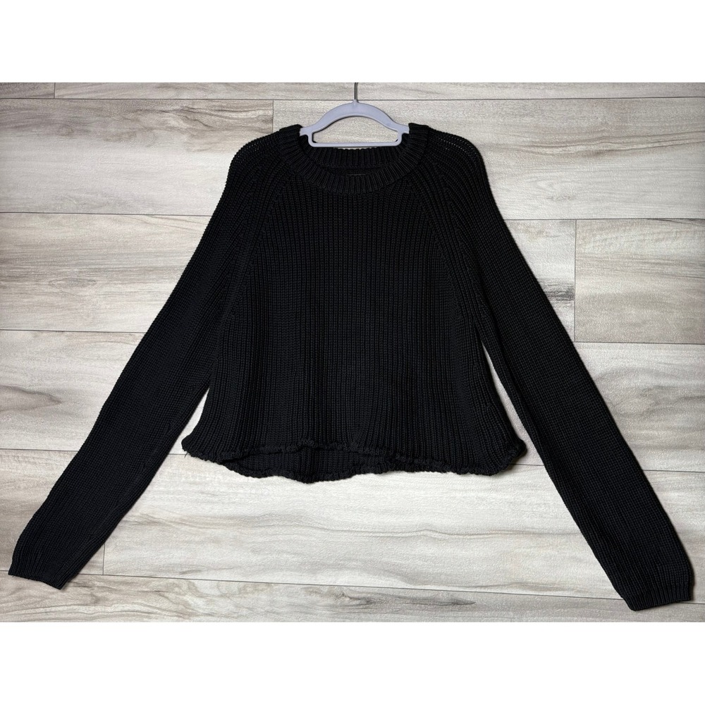 Quince Black Cotton Fisherman Rib Raw Hem Cropped Sweater Size L